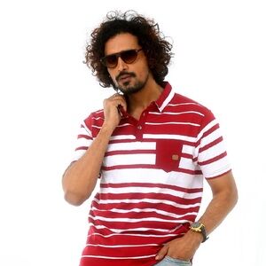 Casual Red and White Striped Polo Shirt